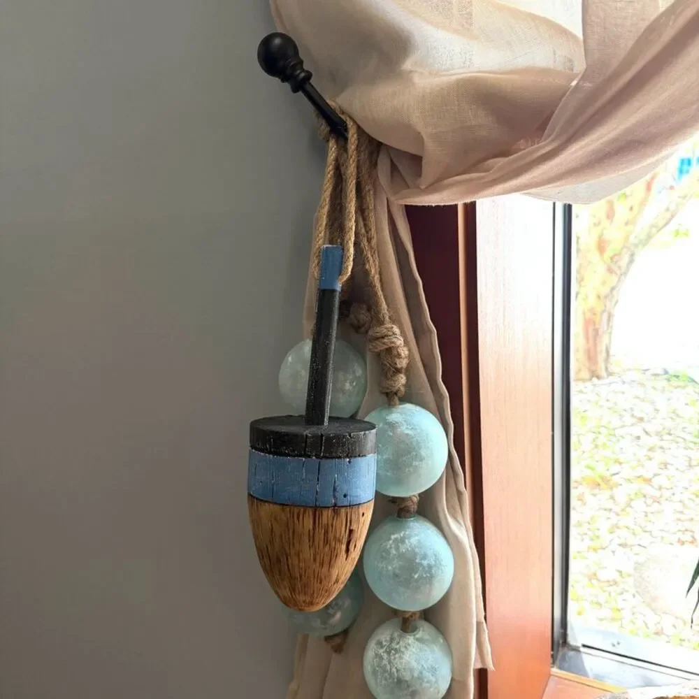 Decorative Wood Buoy Blue Stripe Rope Hanger 15 Inch Nautical Wall Accent